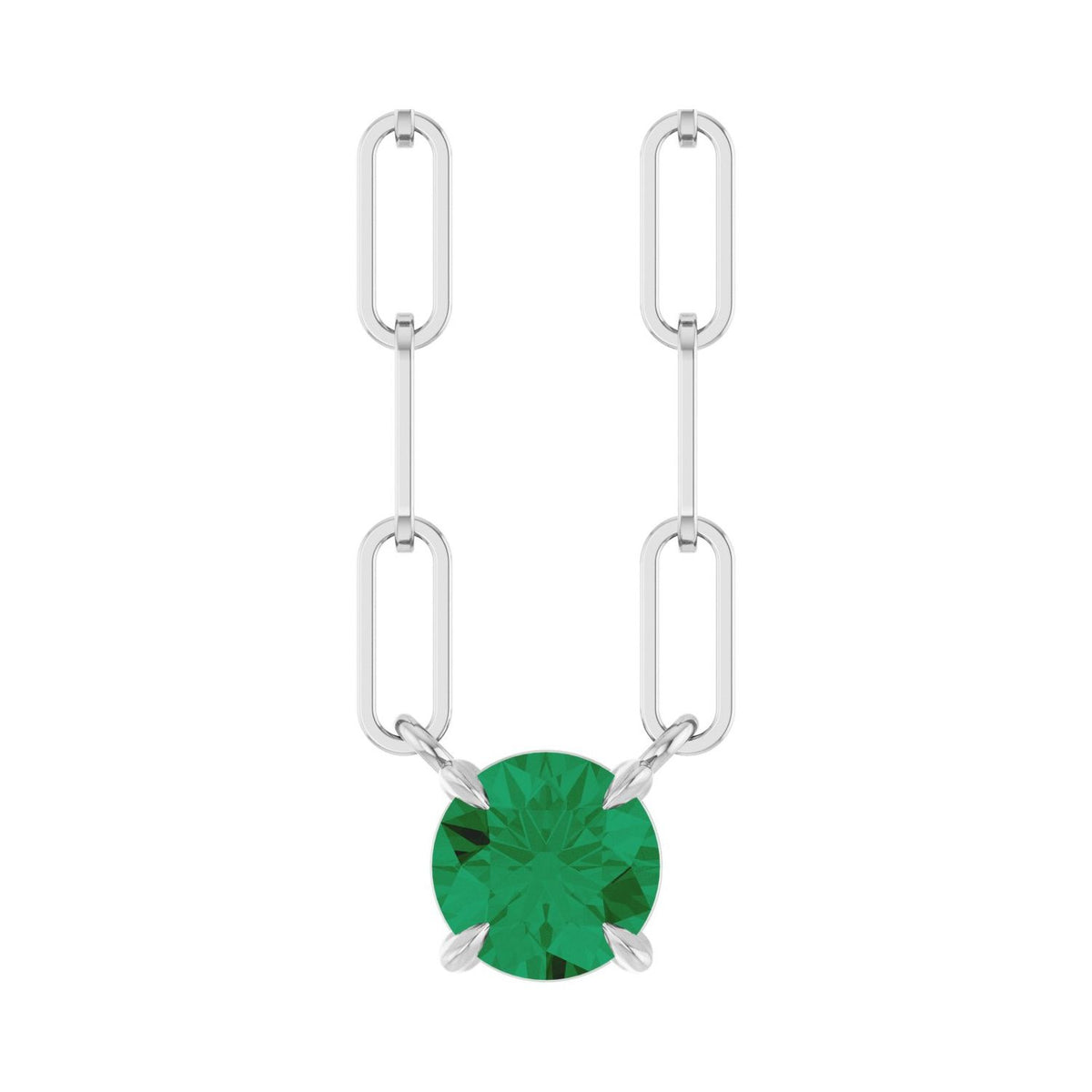 14K White Gold round lab-grown emerald claw-prong solitaire necklace