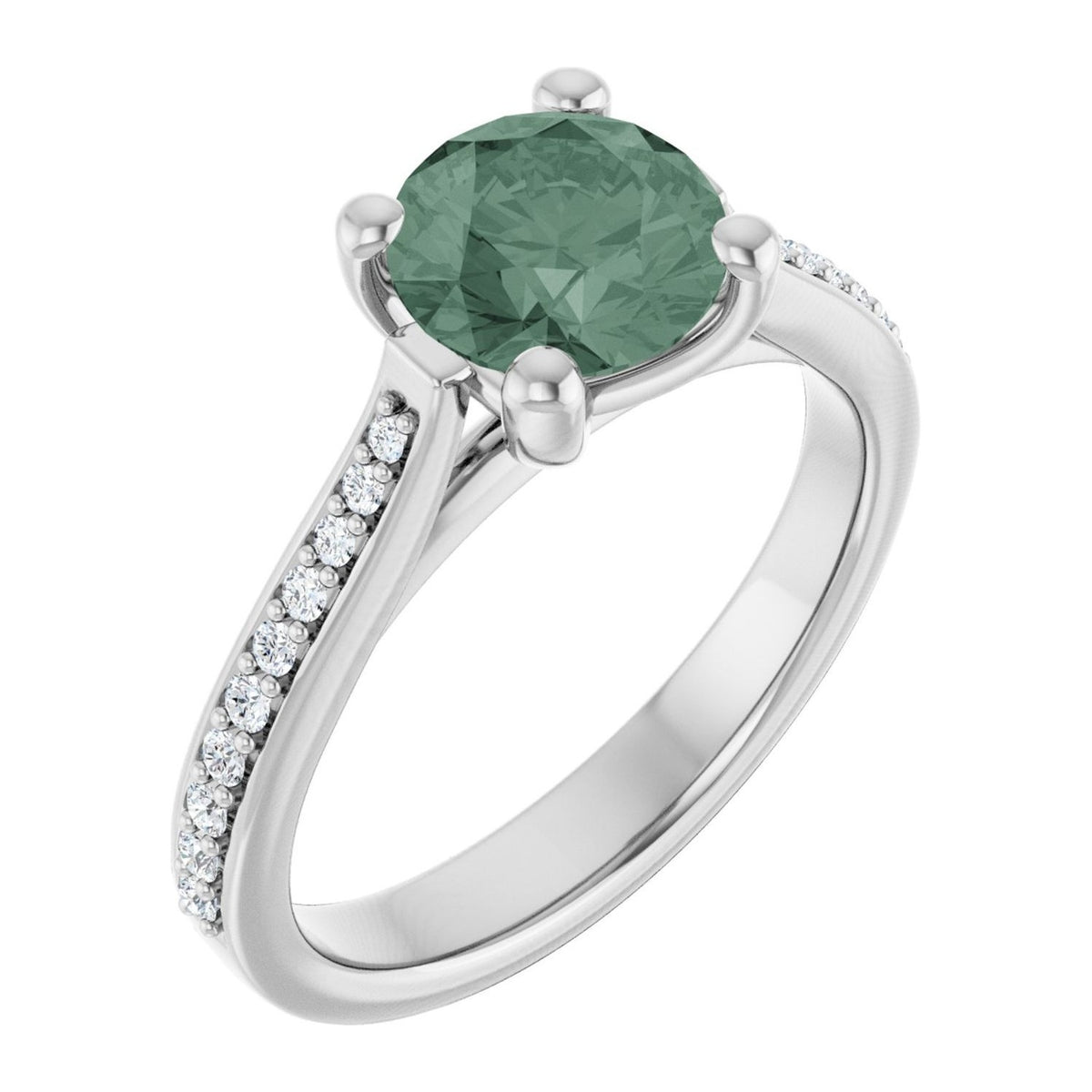 Round lab-grown green sapphire cathedral pavé engagement ring in 14K White Gold, shown with a 7 mm center