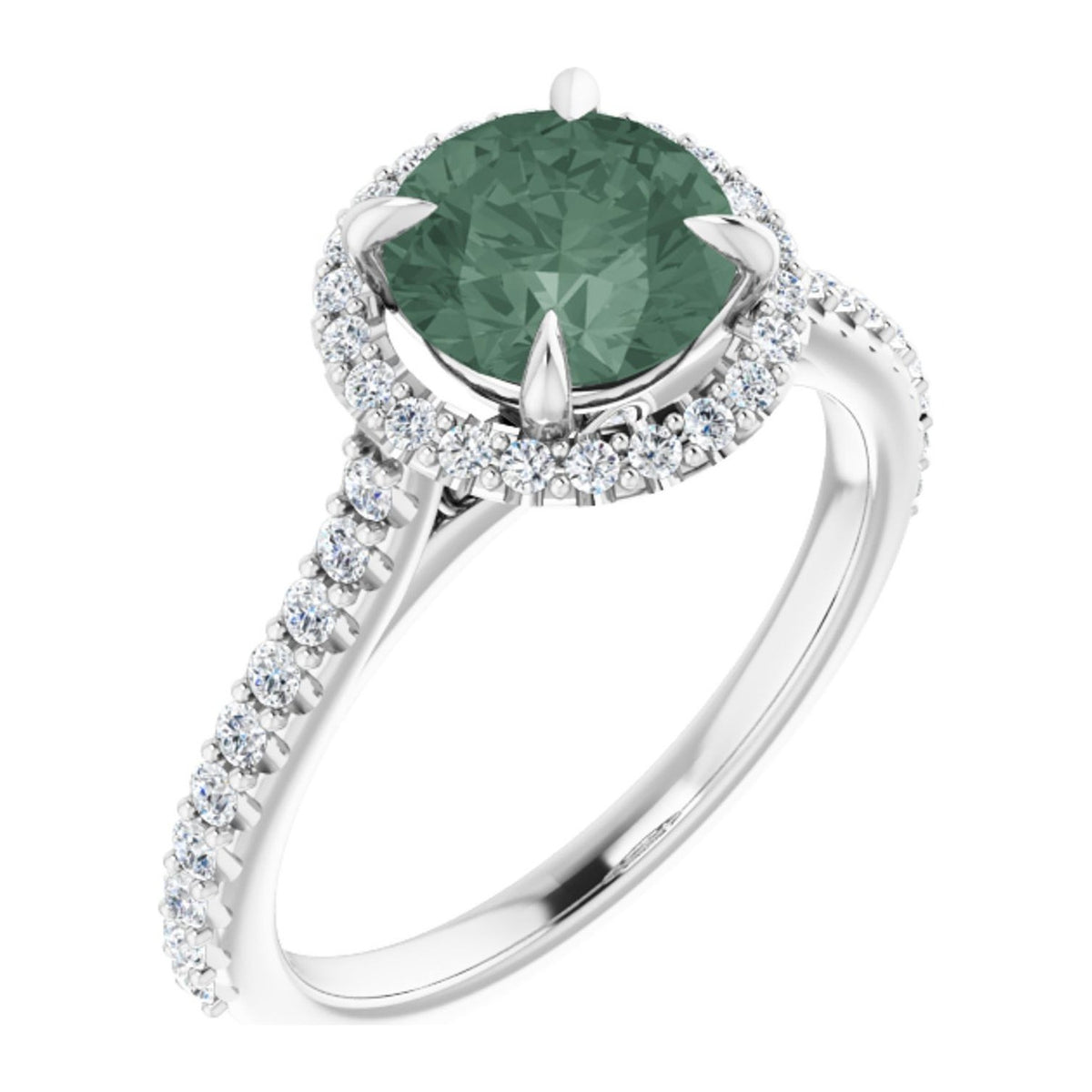 Round lab-grown green sapphire pavé halo engagement ring in 14K White Gold, shown with a 7 mm center