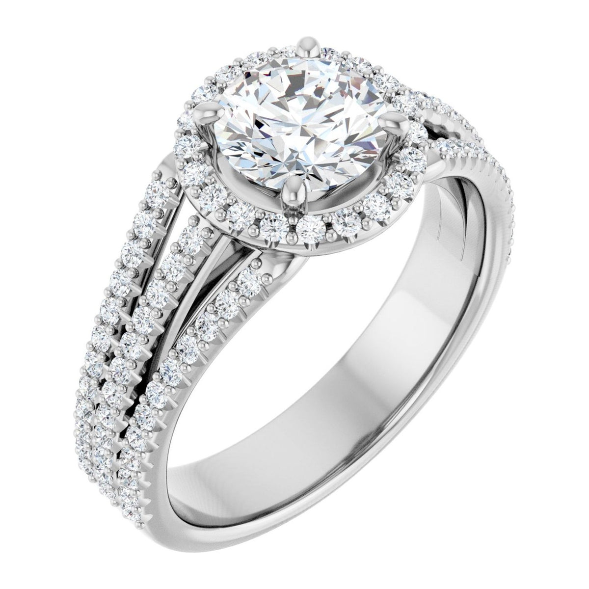 Round Moissanite Split-Shank Halo Engagement Ring in 14K White Gold, shown with a 6.5 mm moissanite center