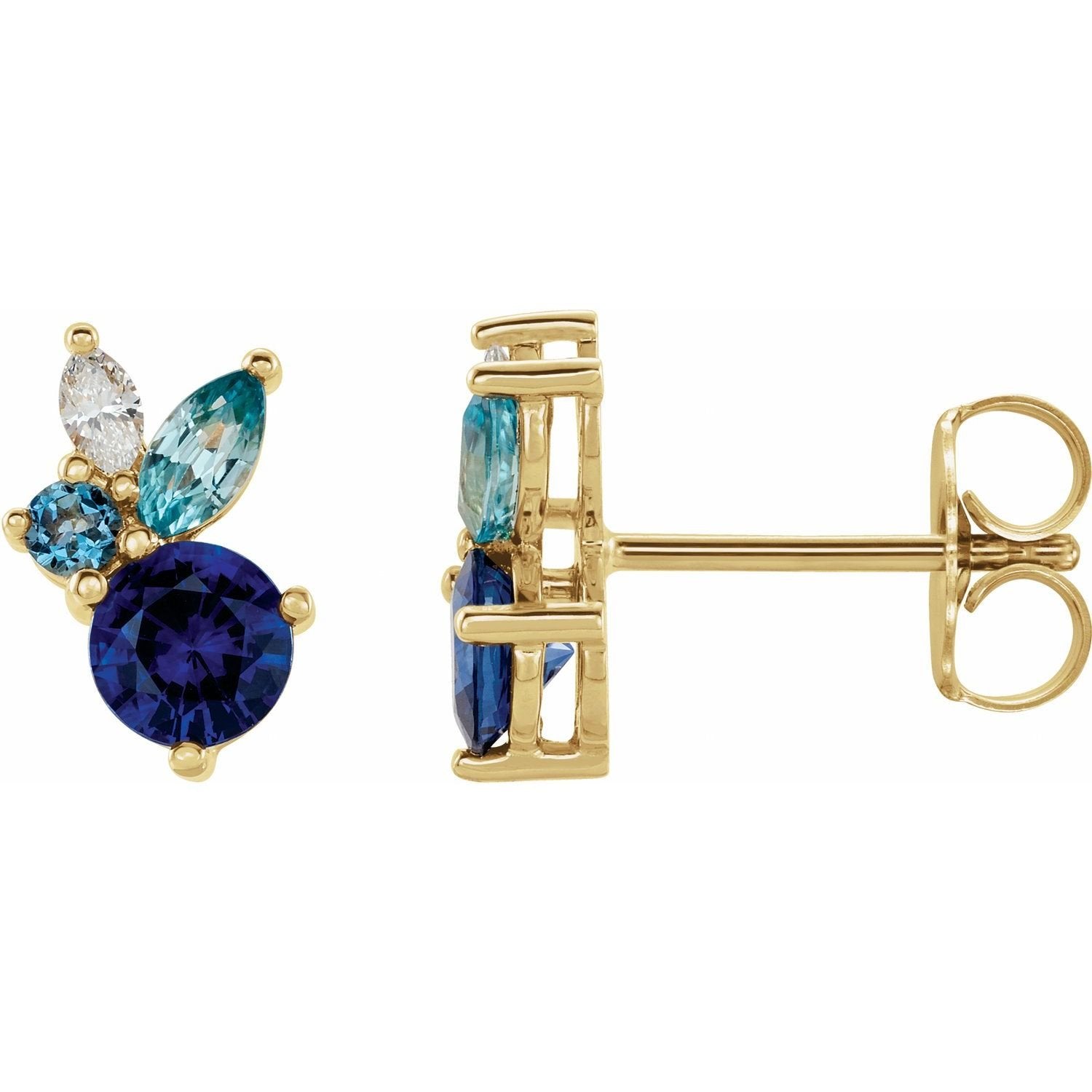 round natural blue sapphire earrings in 14k Yellow Gold