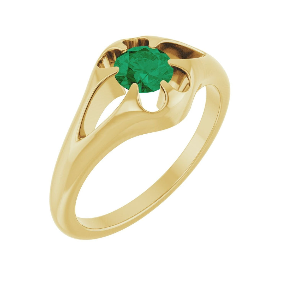 round natural emerald belcher ring in 14k Yellow Gold