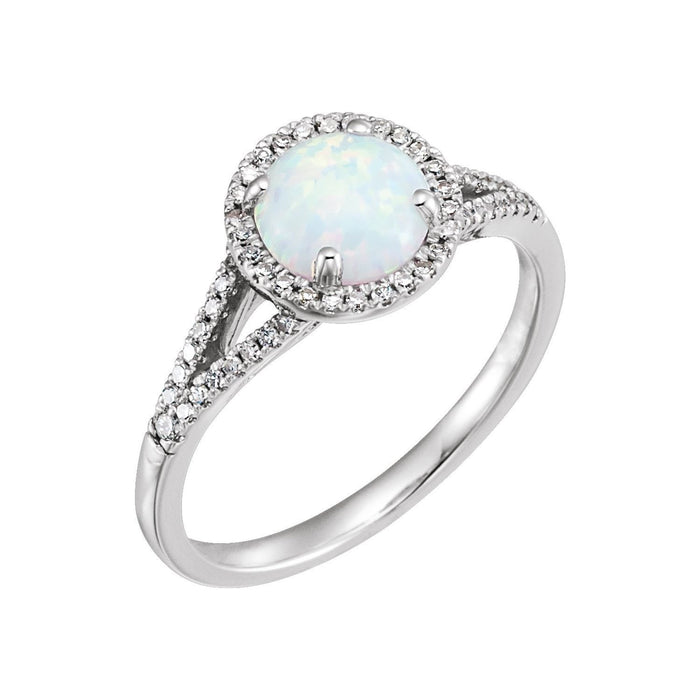 round white opal & diamond ring in 14k White Gold