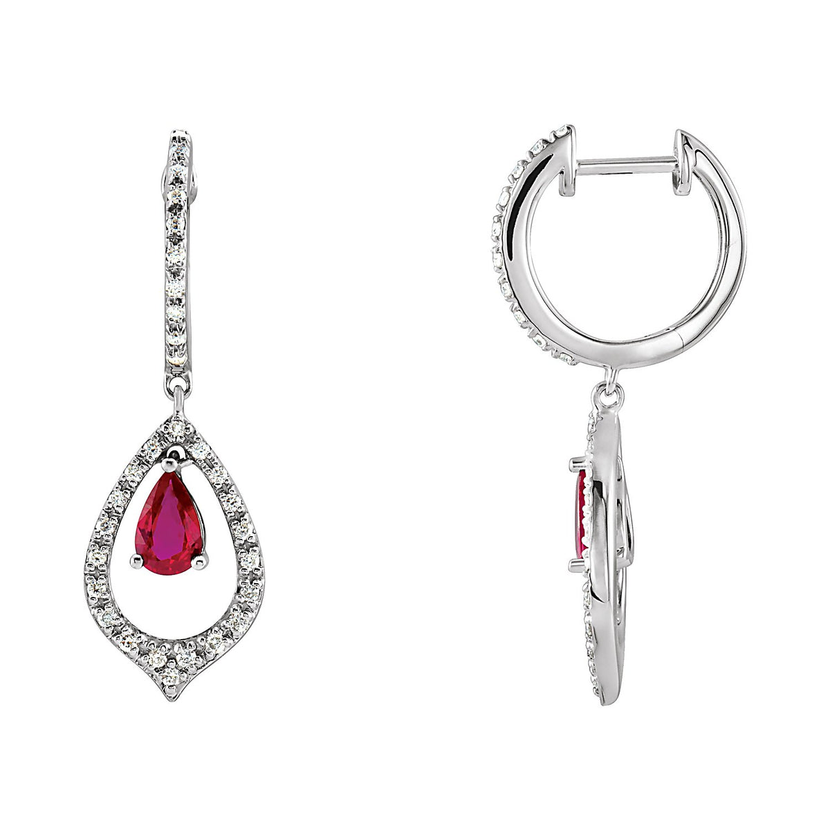 Ruby & Diamond Halo drop earrings in 14K White Gold