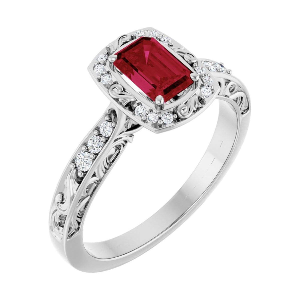 Emerald 1 ct ruby 14K White Gold vintage scroll halo engagement ring