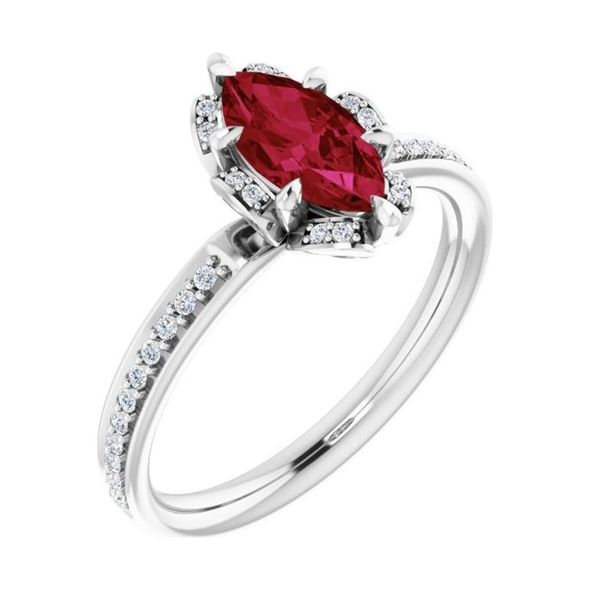 Marquise 1 ct ruby 14K White Gold petite pavé halo engagement ring