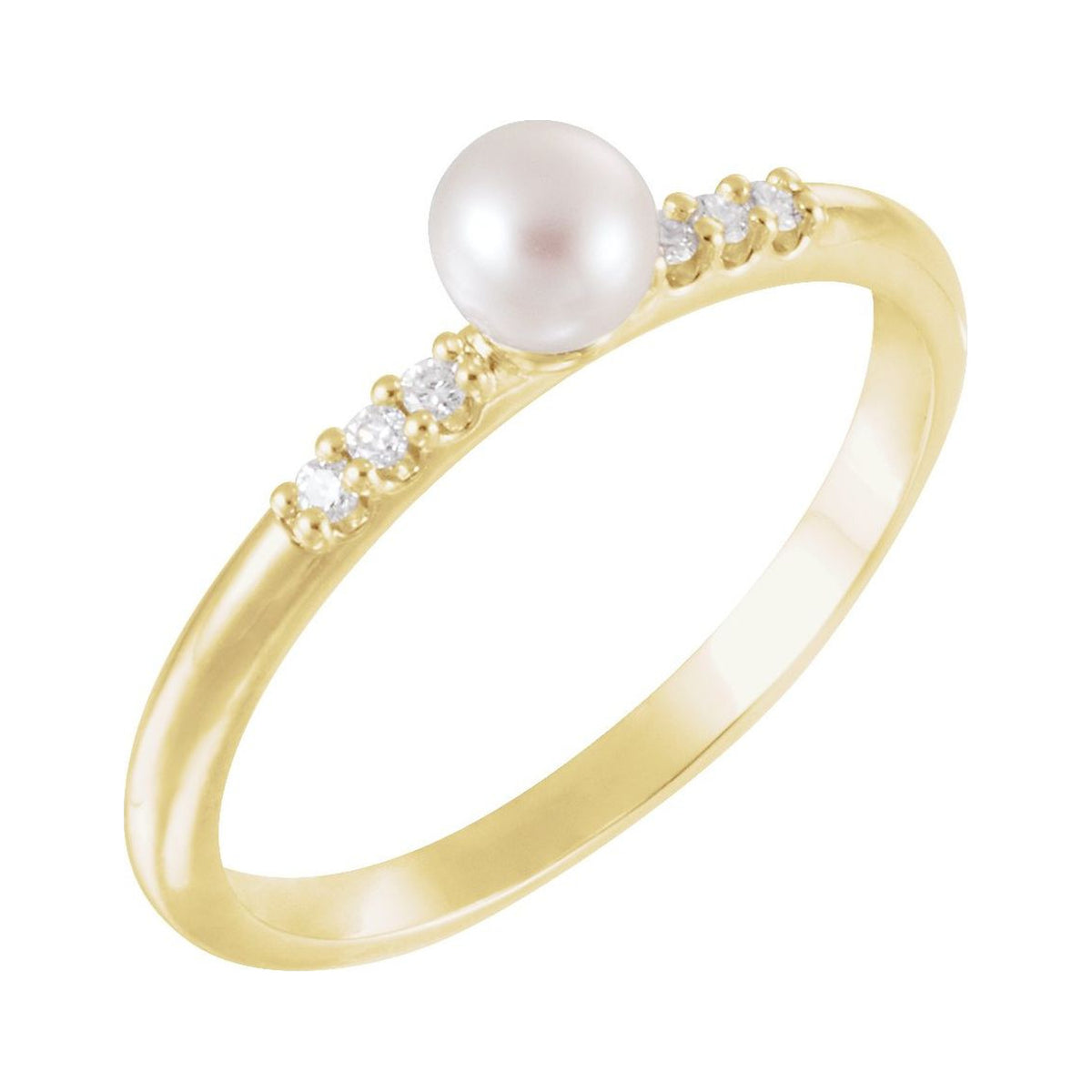 14K Yellow Gold Slim Stacking Pearl Ring with a cultured freshwater pearl, natural diamond accents