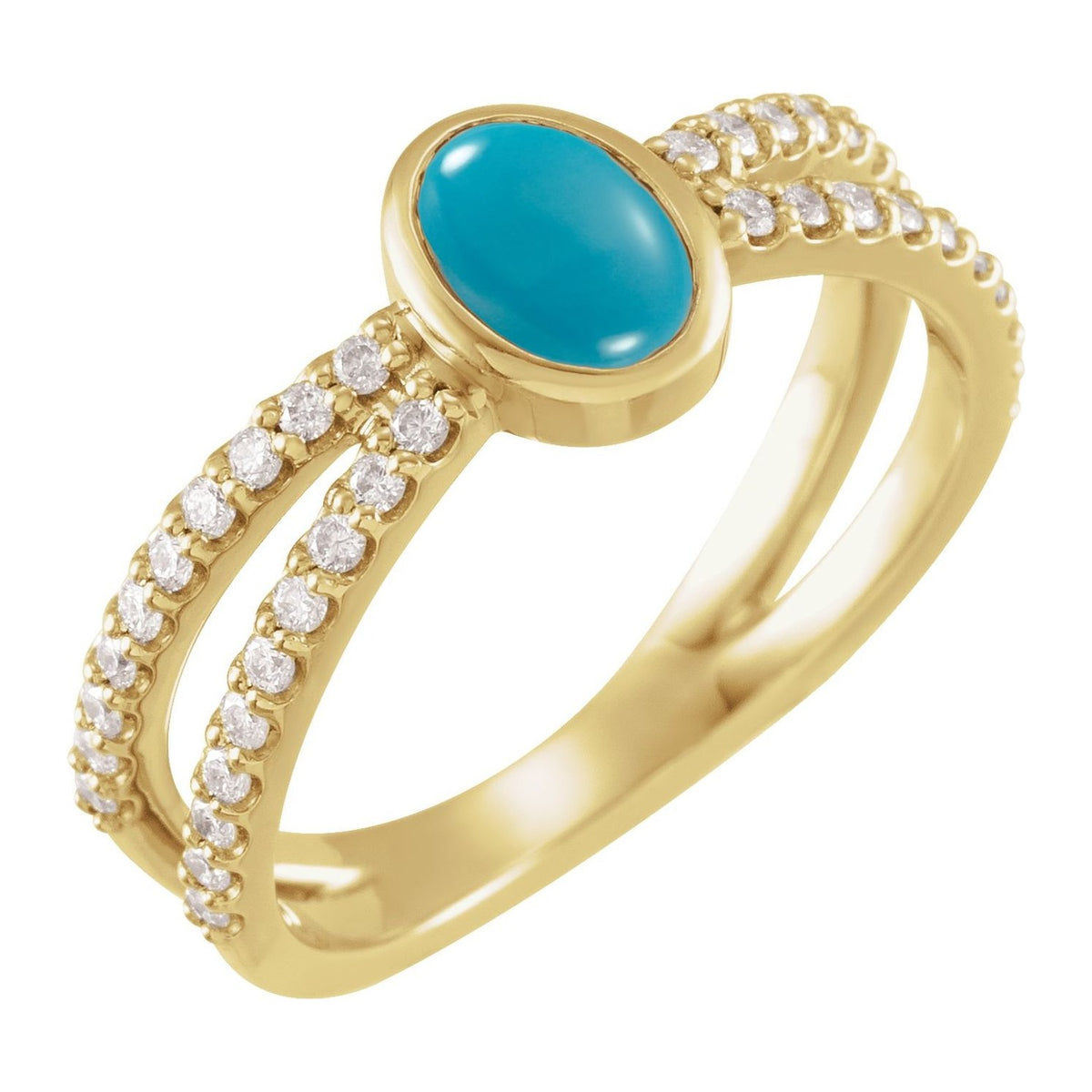 Split-Shank Oval Turquoise Ring with Diamonds in 14K Yellow Gold, 7x5 mm