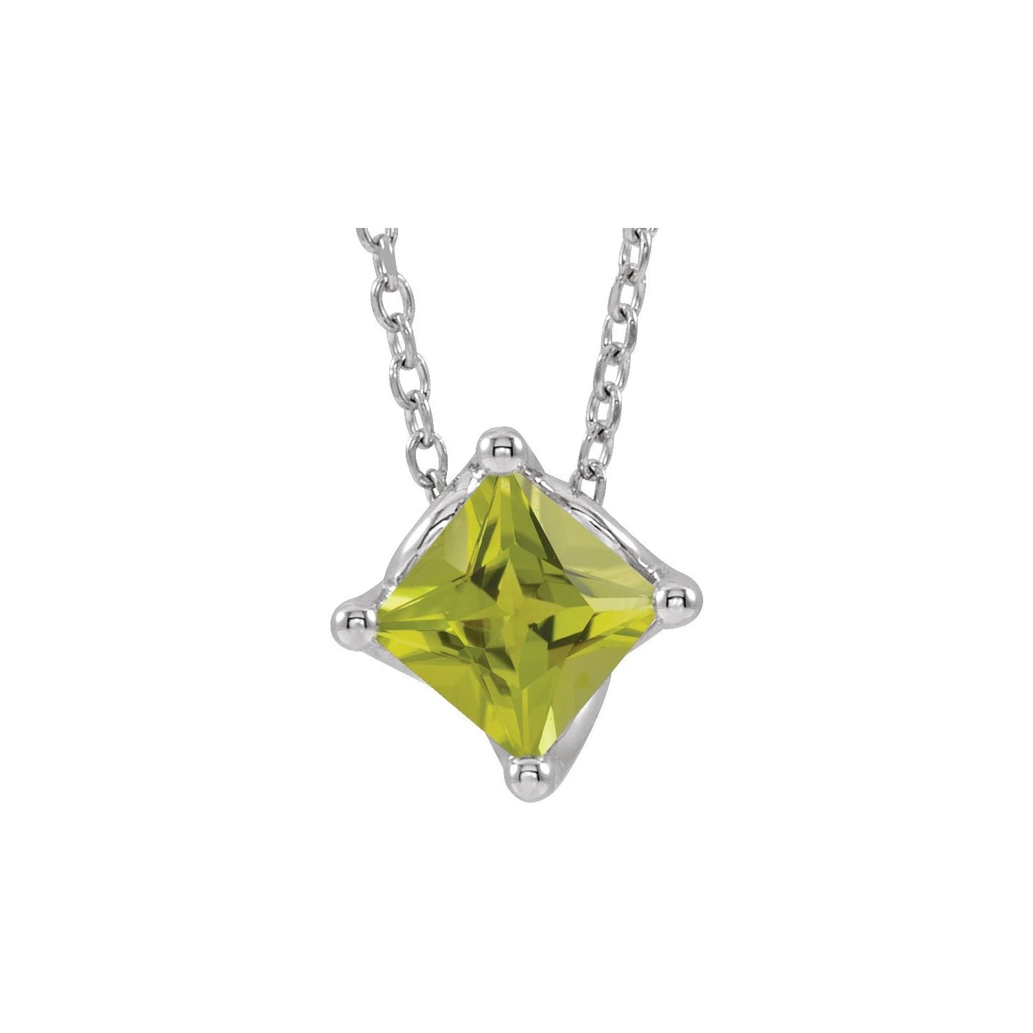 14K White Gold square peridot solitaire pendant, solid gold