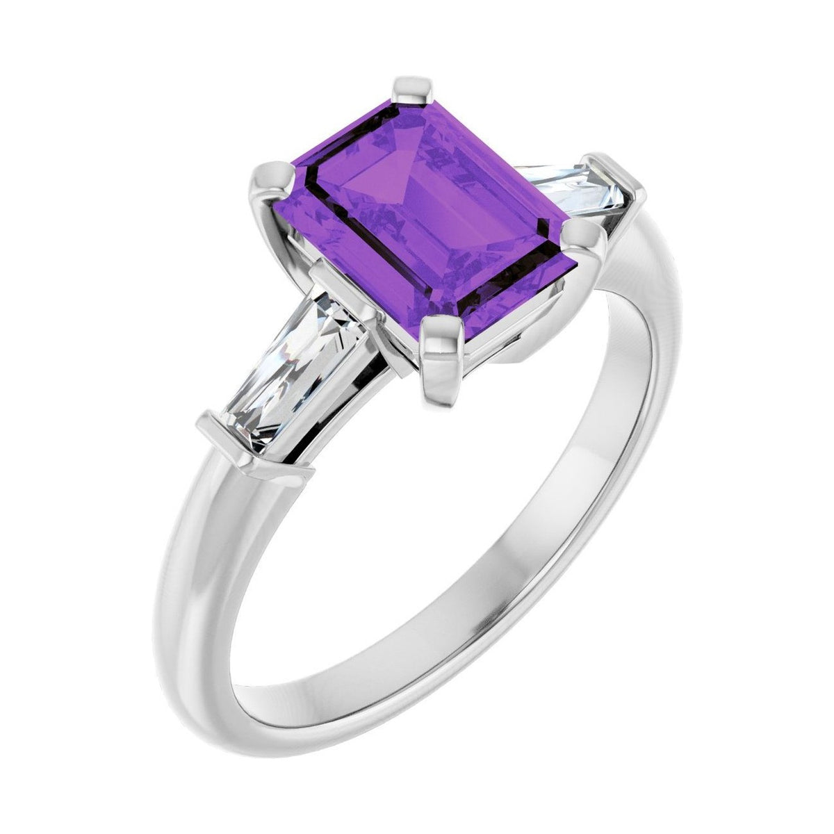 Emerald 1 ct Tapered Baguette Three-Stone Natural Amethyst Engagement Ring in 14K White Gold
