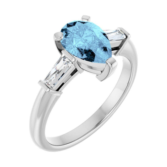 Pear 1 ct Tapered Baguette Three-Stone Natural Aquamarine Engagement Ring in 14K White Gold
