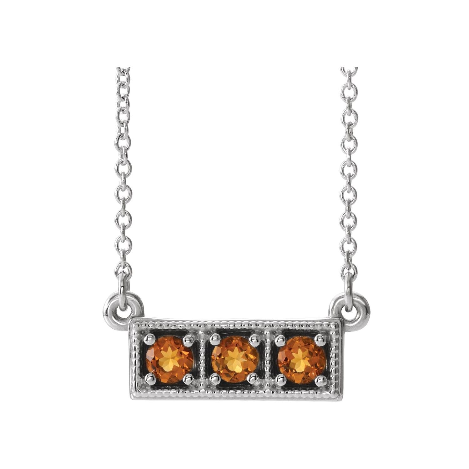 14K White Gold three-stone citrine bar necklace with a milgrain frame