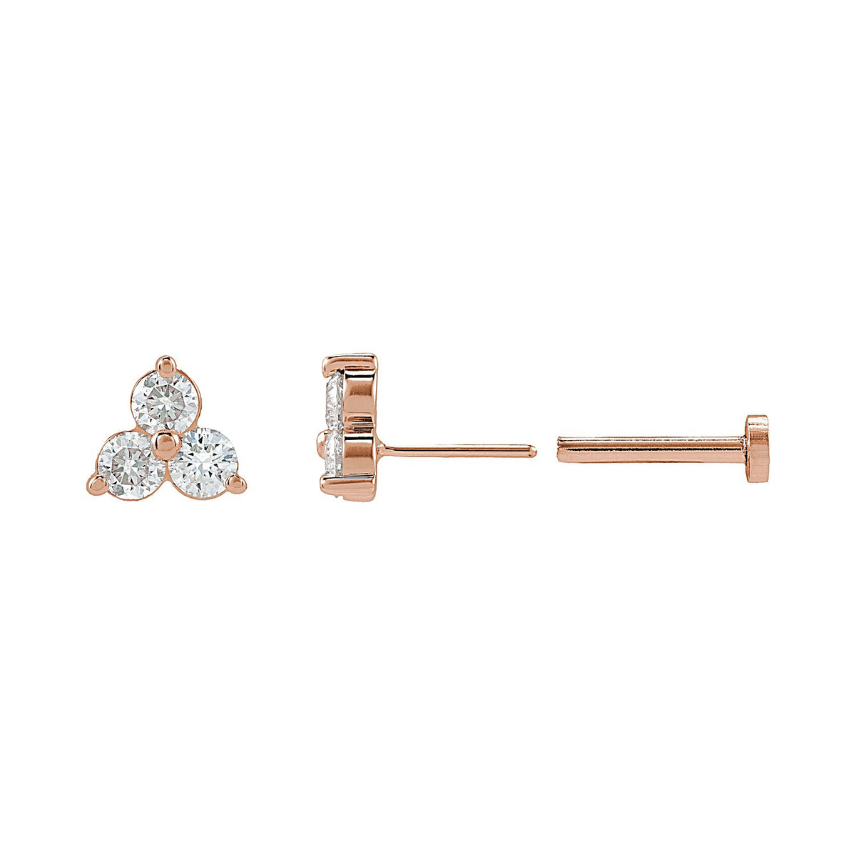 Three-Stone Diamond Flat Back Stud Earring in 14K Rose Gold