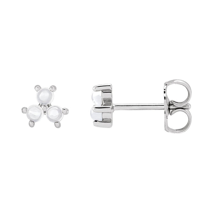 Three-Stone Stud Rainbow Moonstone Earrings in 14K White Gold