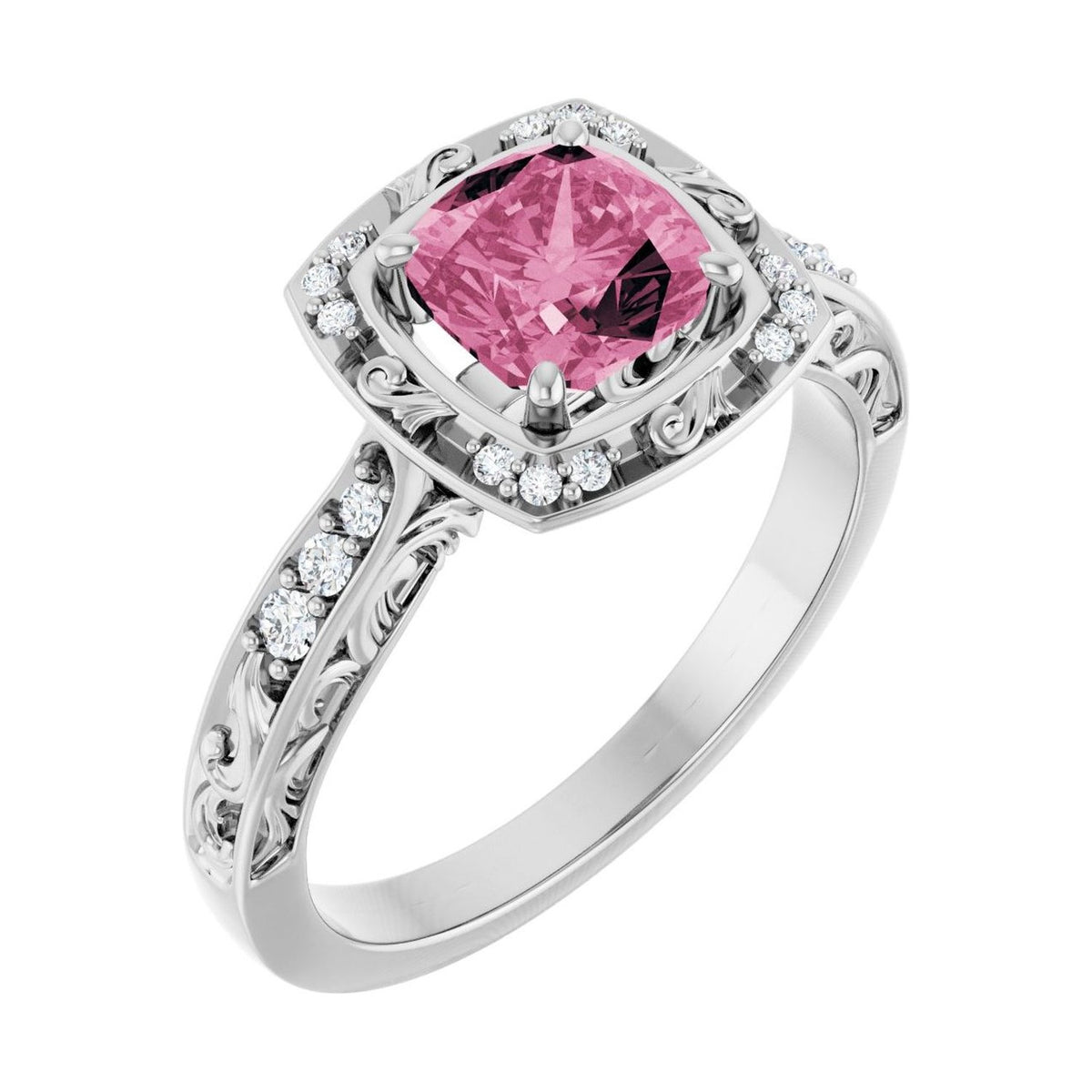 Cushion 1 ct tourmaline 14K White Gold vintage scroll halo engagement ring