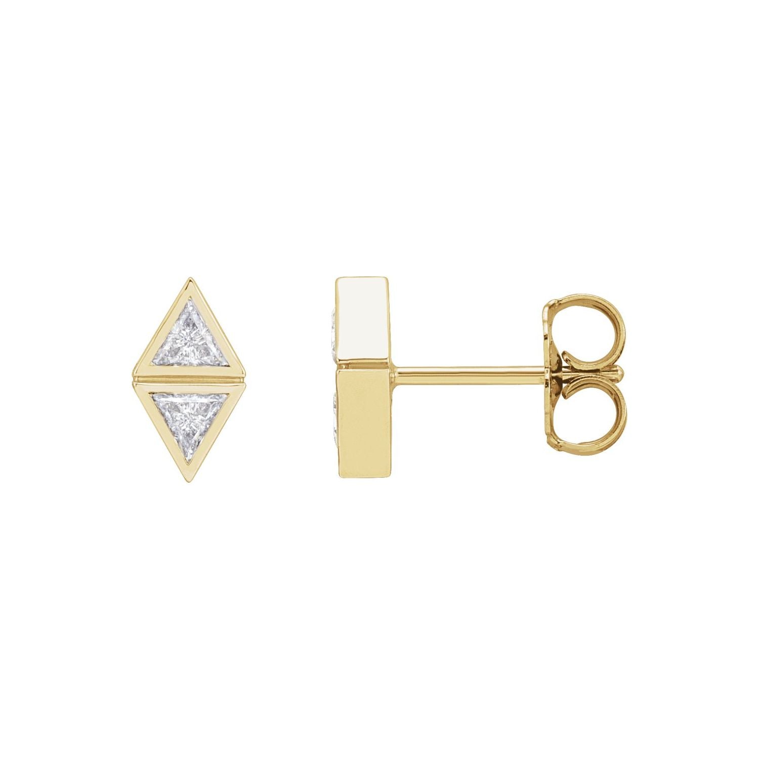 14K Yellow Gold 1/4 ct trillion-cut two-stone bezel-set diamond earrings, 8.51 mm