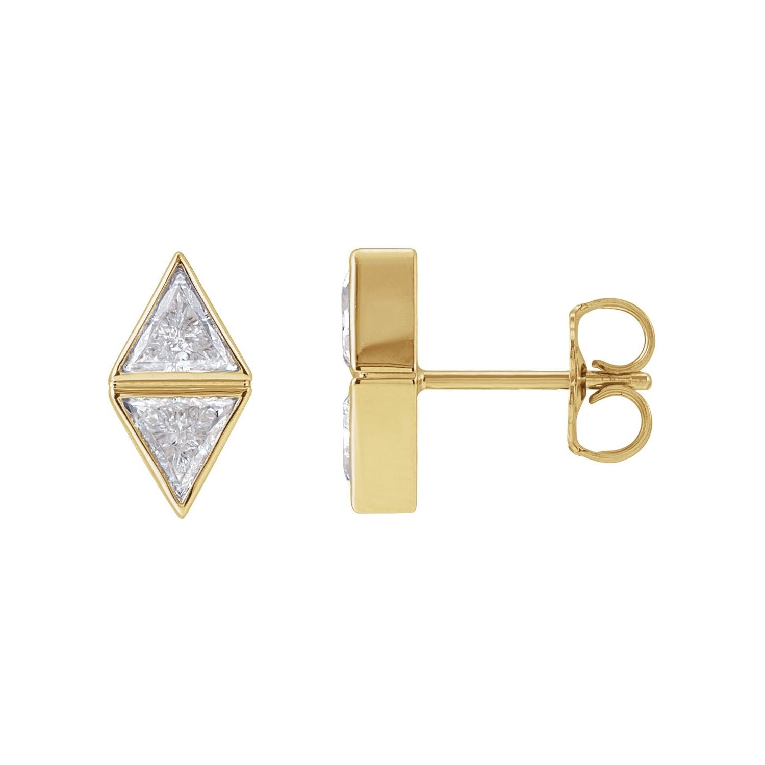 14K Yellow Gold 5/8 ct trillion-cut two-stone bezel-set diamond earrings, 10.95 mm