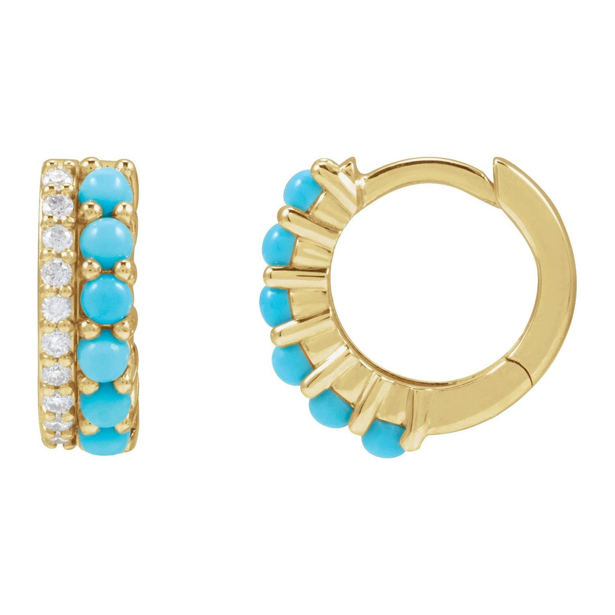 Turquoise Huggie Hoop Earrings with Diamonds in 14K Yellow Gold