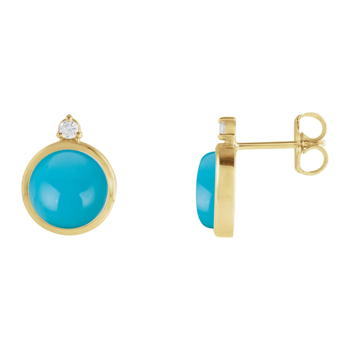 Turquoise Stud Earrings with Diamond Accent in 14K Yellow Gold, 6 mm