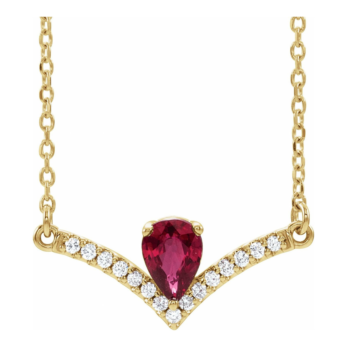 14K Yellow Gold v-chevron diamond natural ruby necklace with 6 x 4 mm pear ruby