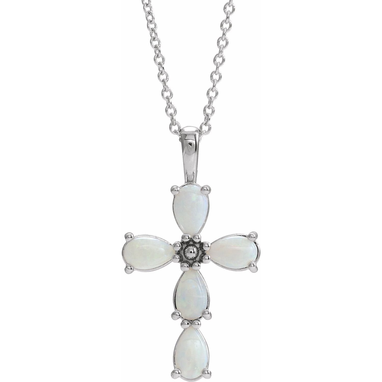 white opal cabochon cross necklace in 14k White Gold