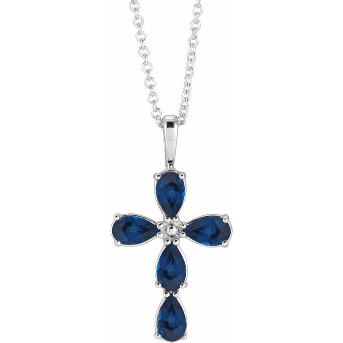 14K White Gold natural blue sapphire blue sapphire cross pendant