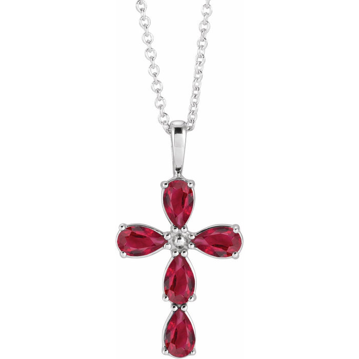 14K White Gold pear lab-grown ruby cross necklace