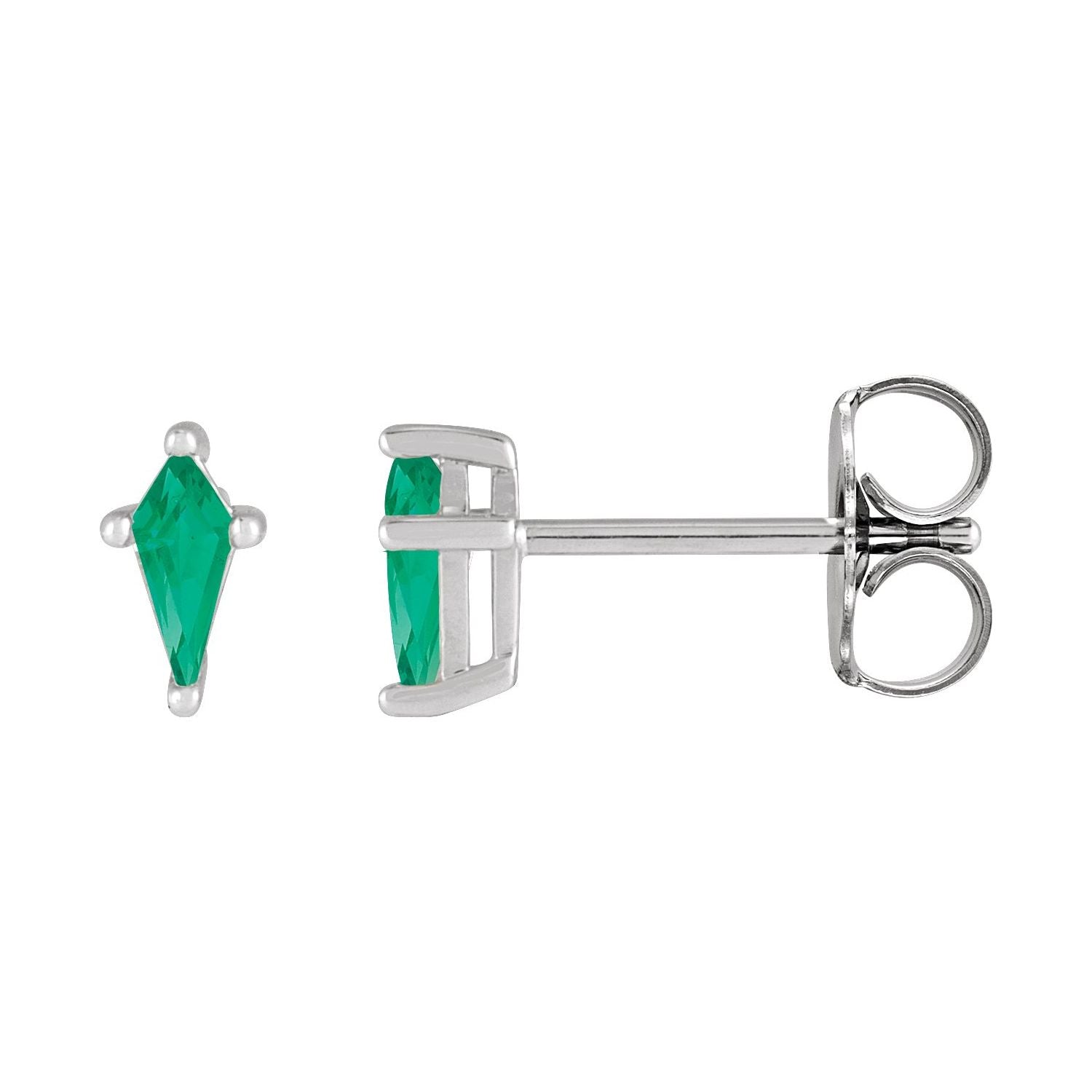 14K White Gold kite lab-grown emerald solitaire stud earrings
