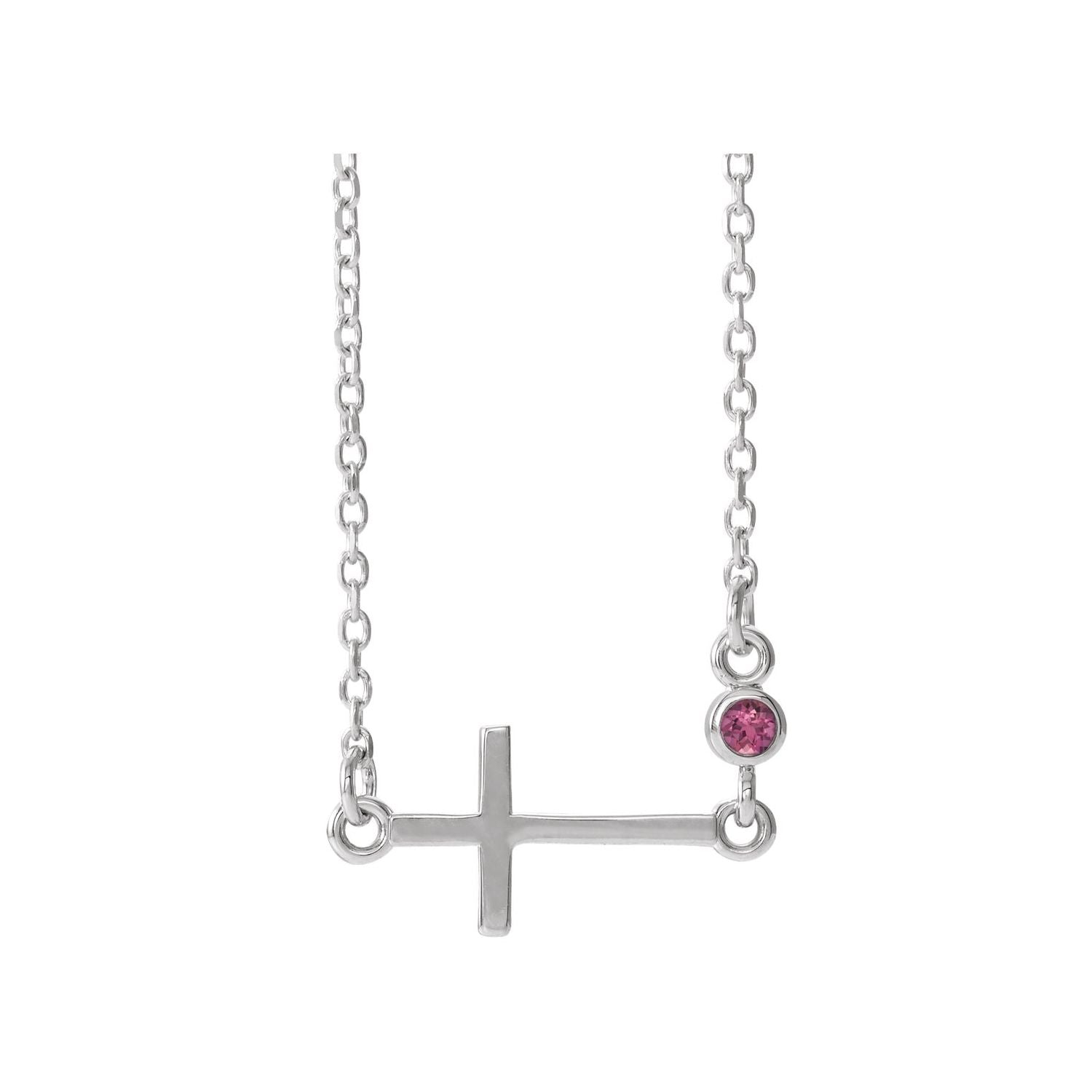 sideways pink tourmaline cross pendant, 14K White Gold