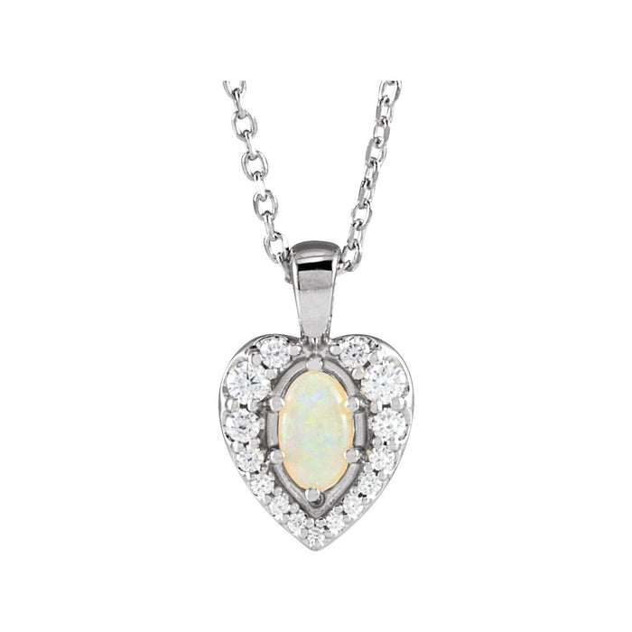 opal and diamond heart halo pendant, 14K White Gold