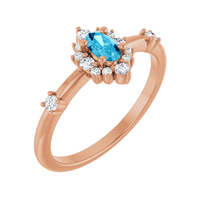 Diamond Halo Oval Natural Aquamarine Ring (1/6 ctw) in 14K Rose Gold