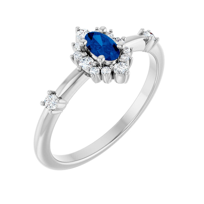 Oval-Cut Blue Sapphire & Diamond Halo Ring (1/6 ctw) in 14K White Gold