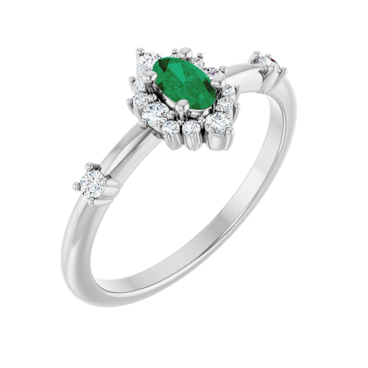 Natural Oval Emerald & Diamond Halo Ring (1/6 ctw) in 14K White Gold