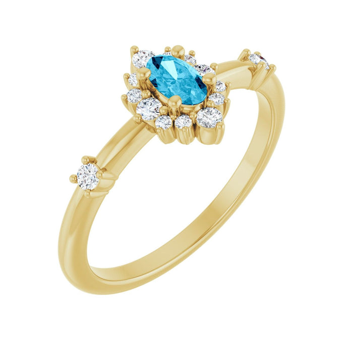 Diamond Halo Oval Natural Aquamarine Ring (1/6 ctw) in 14K Yellow Gold