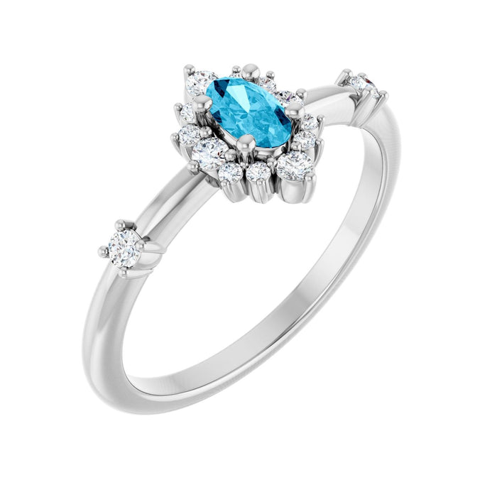 Diamond Halo Oval Natural Aquamarine Ring (1/6 ctw) in Platinum