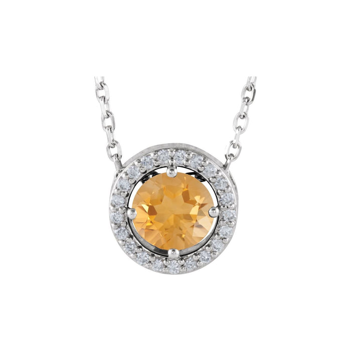 Citrine & Diamond Halo Necklace 16" (0.05 ctw) in 14K White Gold