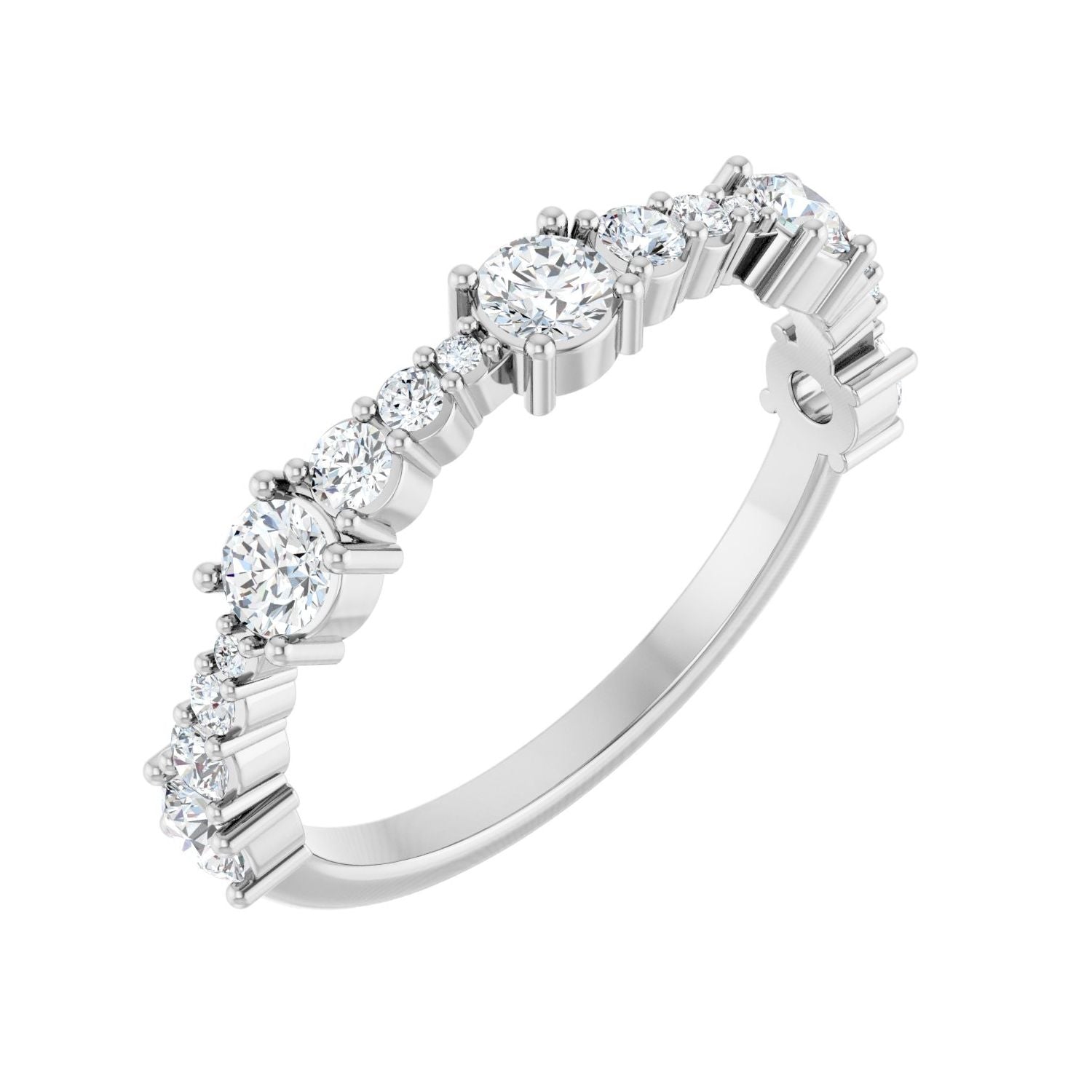 White Gold graduated natural diamond anniversary band with seventeen round diamonds in alternating graduated sizes shared-prong set across the front