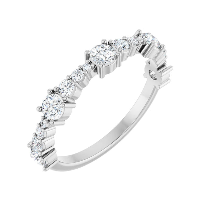 White Gold graduated natural diamond anniversary band with seventeen round diamonds in alternating graduated sizes shared-prong set across the front