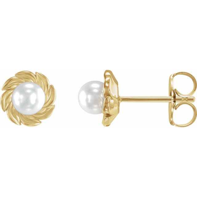 akoya pearl leaf earrings in 14k yellow gold