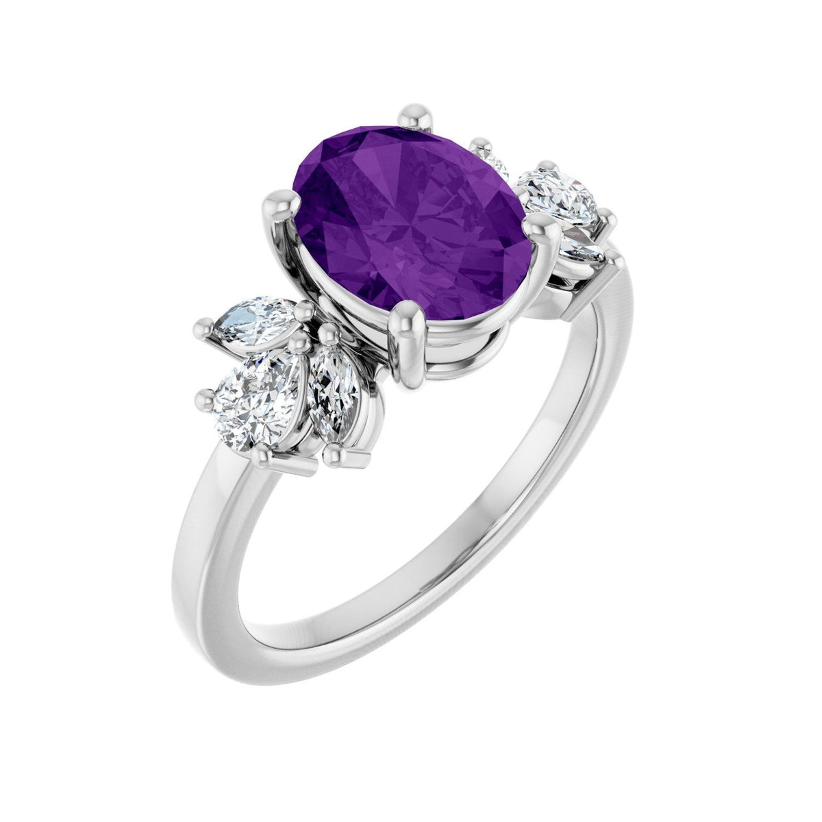 Oval-Cut Amethyst & Diamond Halo Ring (1/2 ctw) in 14K White Gold