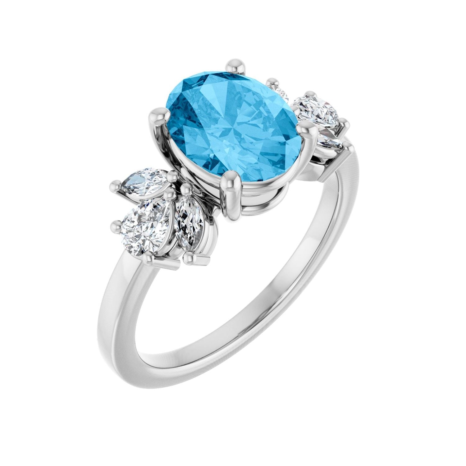 Blue Topaz Oval Diamond Halo Ring (1/2 ctw) in 14K White Gold