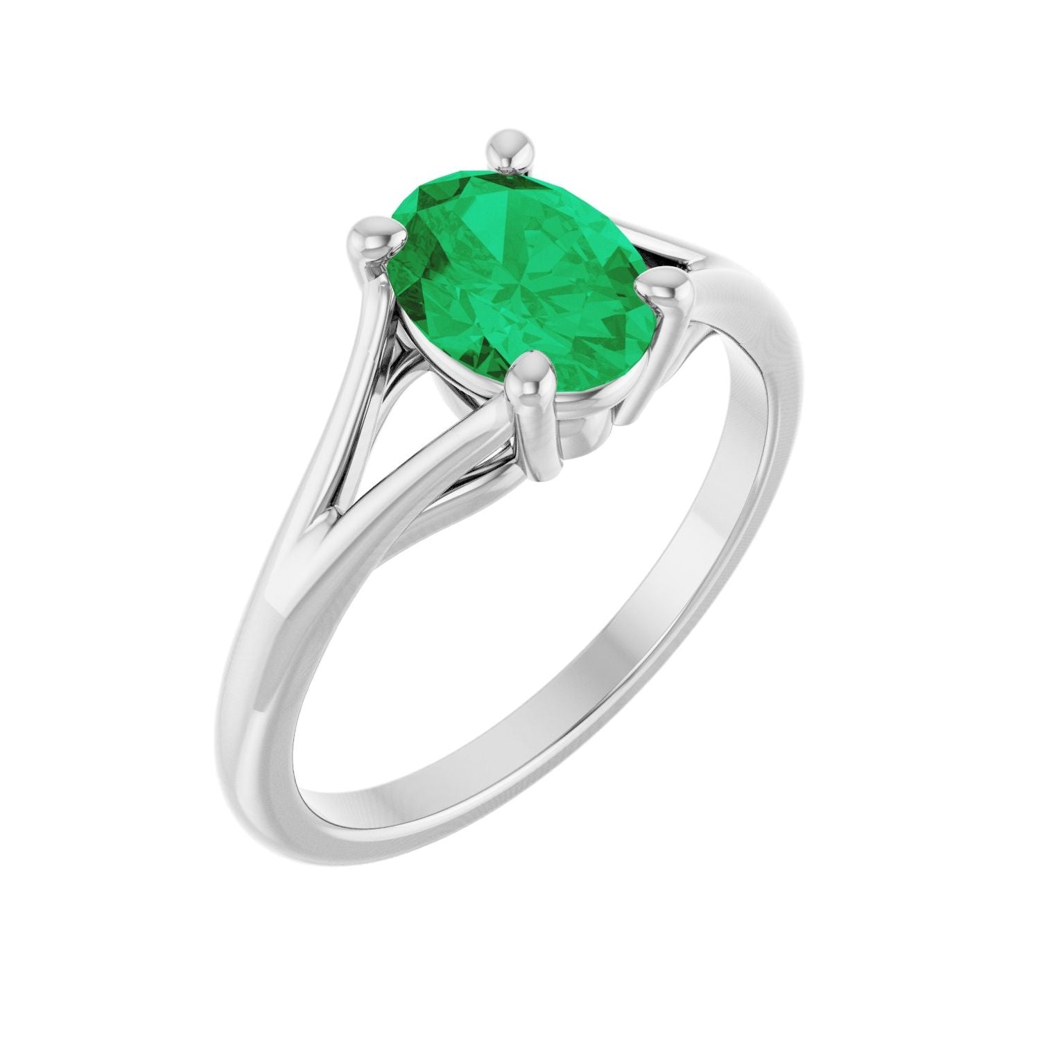 Oval Emerald Split-Shank Engagement Ring in 14K White Gold