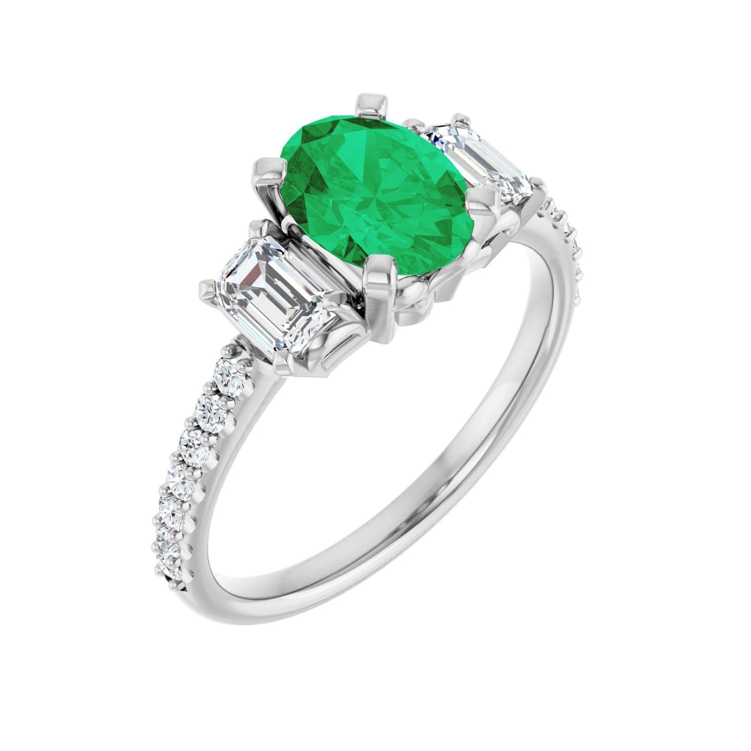Oval Emerald Three-Stone Engagement Ring in 14K White Gold