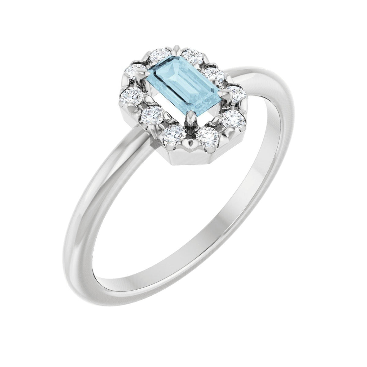 Emerald-Cut French-Set Diamond Halo Natural Aquamarine Ring (1/8 ctw) in 14K White Gold