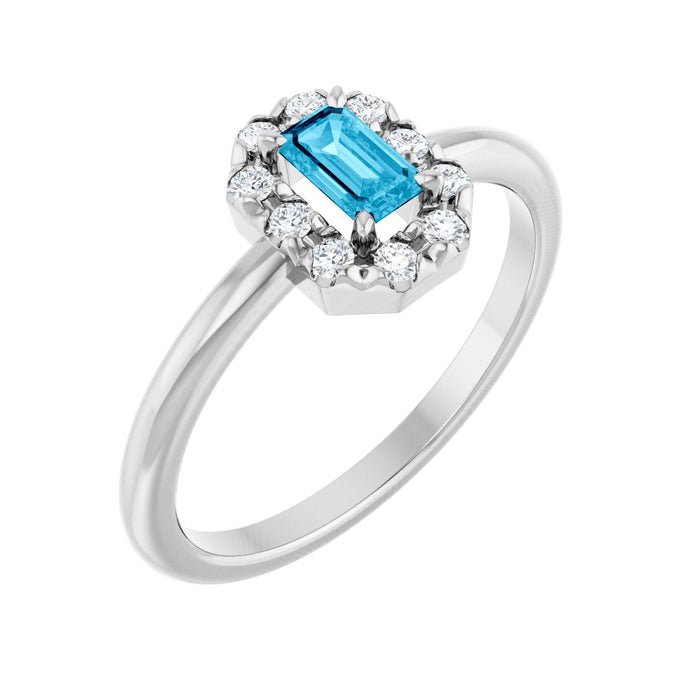 Natural Emerald-Cut Aquamarine & Diamond French-Set Halo Ring (1/8 ctw) in 14K White Gold