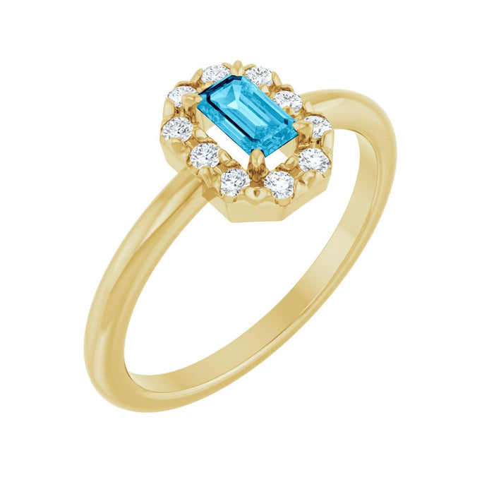 Emerald-Cut French-Set Diamond Halo Natural Aquamarine Ring (1/8 ctw) in 14K Yellow Gold