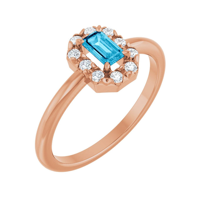 Emerald-Cut French-Set Diamond Halo Natural Aquamarine Ring (1/8 ctw) in 14K Rose Gold