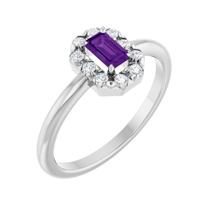 Emerald-Cut Amethyst & Diamond French-Set Halo Ring (1/8 ctw) in 14K White Gold