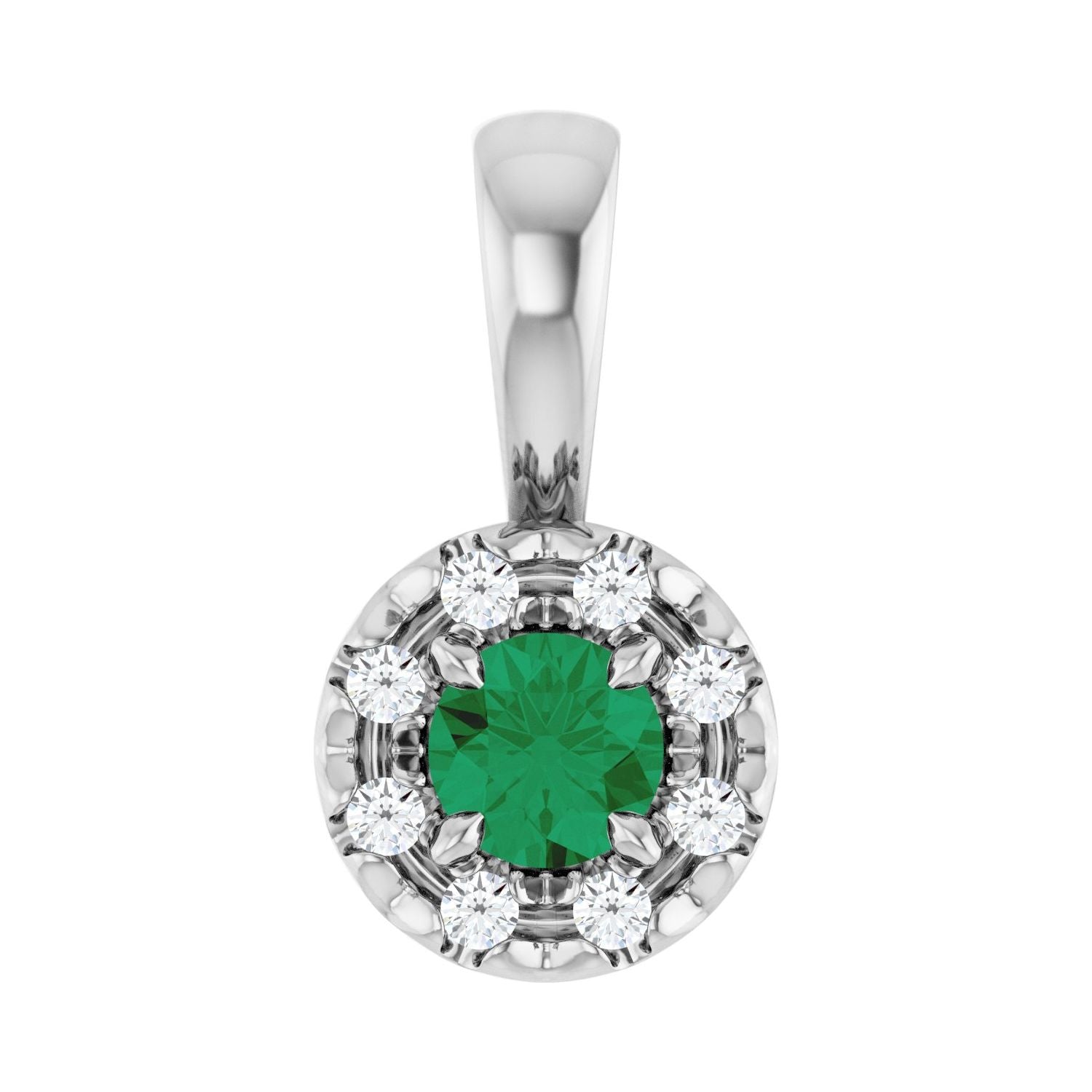 14K White Gold lab-grown petite emerald and diamond halo pendant