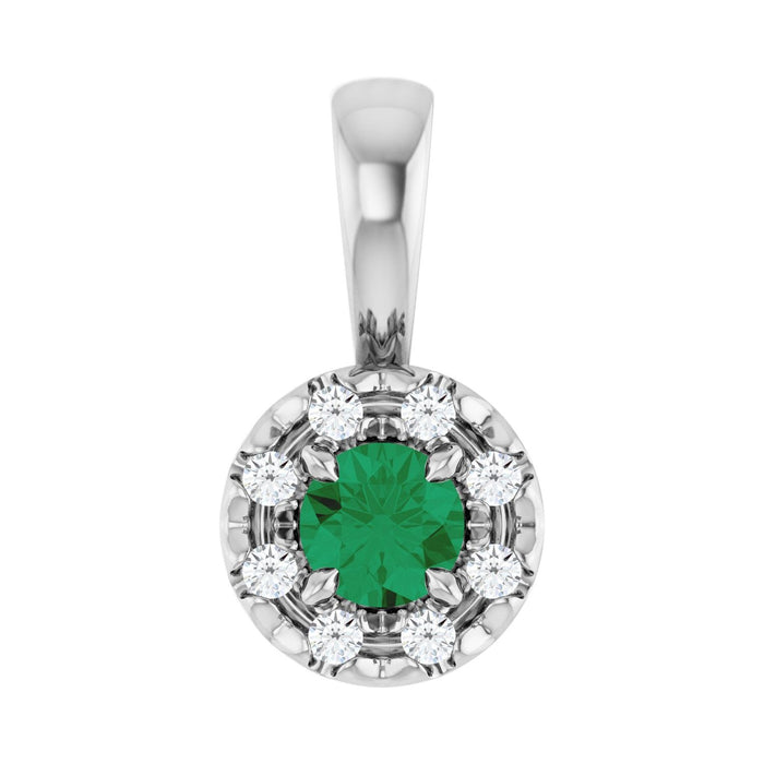 14K White Gold lab-grown petite emerald and diamond halo pendant